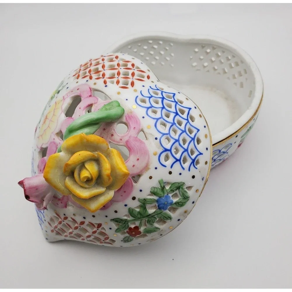 Royal Danube Heart Porcelain Trinket Box Hand Painted Rose Reticulated 1886